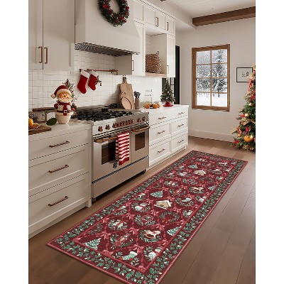 67×156 “Holiday Lights” ViNTAGE RUG 2.5'x8' Red Christmas Area Rug, Vintage Holiday Rug with