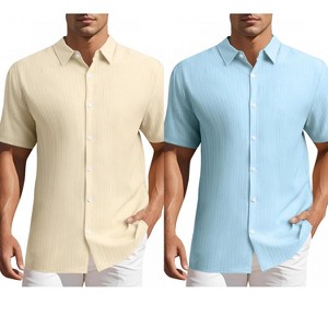 INSPIRE CHIC Men's Summer Point Collar Short Sleeves Button Down Linen Shirts 2 Packs - 1 of 4
