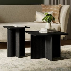Stead Square Fluted Nesting Coffee Table - 2 Piece Coffee Table Set - Solid Wood Base and Oak Veneer Top (Black) - 1 of 4