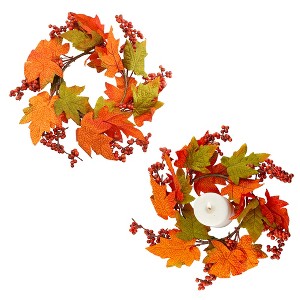 AuldHome Design Fall Leaves Candle Wreaths 2pk; Autumn Colors Candle Rings, Thanksgiving Decor - 1 of 4