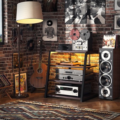 Besiost 4-Tier Bookshelves with Charging Station and LED Lights, Small Entertainment Center Media Stand