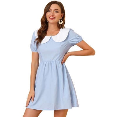 Allegra K Women s Contrast Peter Pan Collar Puff Short Sleeve A line Dress Blue X small Target