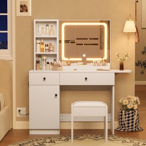 Vanity Desk with LED Lighted Mirror & Power Outlet, Makeup Vanity with Drawers & Cabinet & Chair - 1 of 4