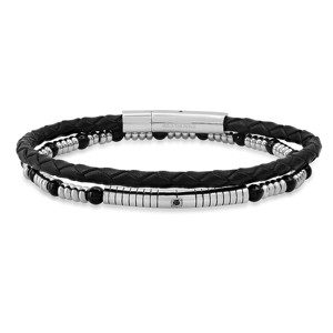 Steeltime Men's braided black leather/stainless steel/black beads and simulated black diamonds 2pc set bracelets - 1 of 4