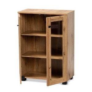 Mason Wood 2 Door Storage Cabinet with Glass Doors Oak Brown/Black - Baxton Studio: Contemporary Design, 3 Fixed Shelves - 1 of 4