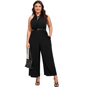 Womens Tie Knot Wide Leg Jumpsuit Plus Size Summer Dressy Sleeveless Frill Trim Patchwork Jumpsuit Casual Jumpsuits Outfits - 1 of 4