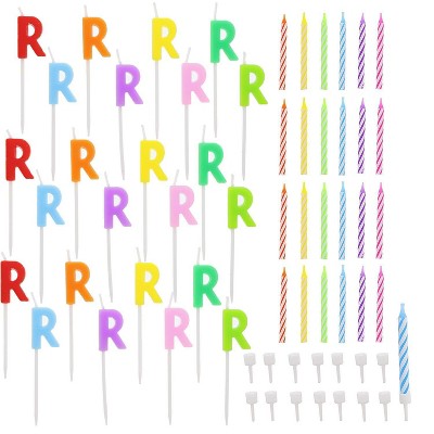 Blue Panda 96-Piece Letter R and Colored Stripes Birthday Cake Candles Set with Holders for Party Decorations