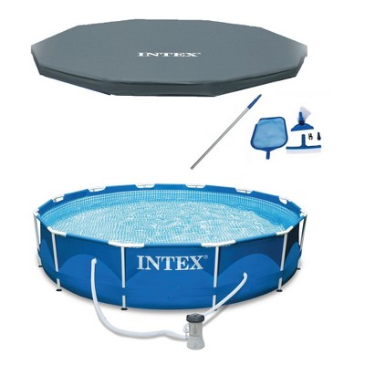 INTEX 12 x 2.5 Foot Metal Frame Above Ground Swimming Pool, Type A Filter, Protective Cover, and Complete Maintenance Kit with Vacuum Skimmer and Pole