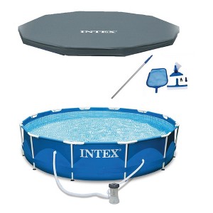 INTEX 12 x 2.5 Foot Metal Frame Above Ground Swimming Pool, Type A Filter, Protective Cover, and Complete Maintenance Kit with Vacuum Skimmer and Pole - 1 of 4