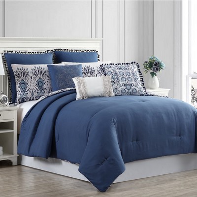 Karina King White and Blue Microfiber Reversible Comforter Set
