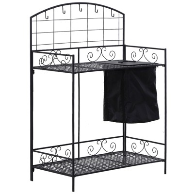 Outsunny Folding Potting Bench Table, Metal Garden Workstation, Work Bench with Large Build-In Bag with Cover, 5 Hanging Hooks & Storage Shelf