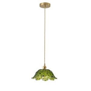 Dewdrop Adjustable Rod Vintage Pendant Light Pendant Light 1 Light Emerald Green Glass Scalloped Shade ETL Dining - 1 of 4