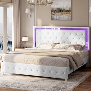 AMERLIFE Twin Platform Bed Frame with LED Headboard & Footboard, Velvet Upholstered, No Box Spring Needed, White - 1 of 4