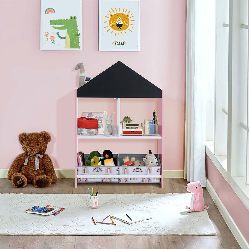 LuxenHome Kids Multi-Functional House Bookcase Toy Storage Bin Floor Cabinet with Blackboard, Pink Multicolored, 3 of 5