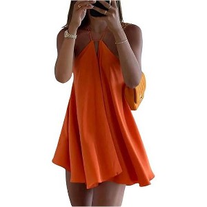 Coolmee Women's Mini Dress Halter Neck Sleeveless Tie Backless Swing Flowy Beach Dresses Summer Vacation Clothes - 1 of 4