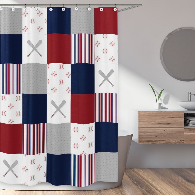 Sweet Jojo Designs Boy Fabric Shower Curtain 72in.x72in. Baseball Patch Red White and Blue, 3 of 7