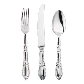 Smarty Had A Party Silver Baroque Disposable Plastic Cutlery Set - 10 Spoons, 10 Forks and 10 Knives (240 Guests)