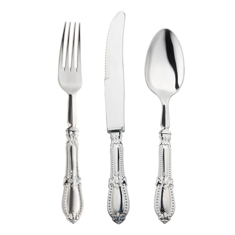 Smarty Had A Party Silver Baroque Disposable Plastic Cutlery Set - 10 Spoons, 10 Forks and 10 Knives (240 Guests), 1 of 2