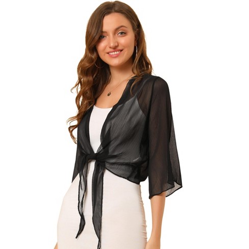 Allegra K Women's Chiffon Sheer Cardigan 3/4 Sleeve Cropped Tie Front  Bolero Shrug Black S : Target