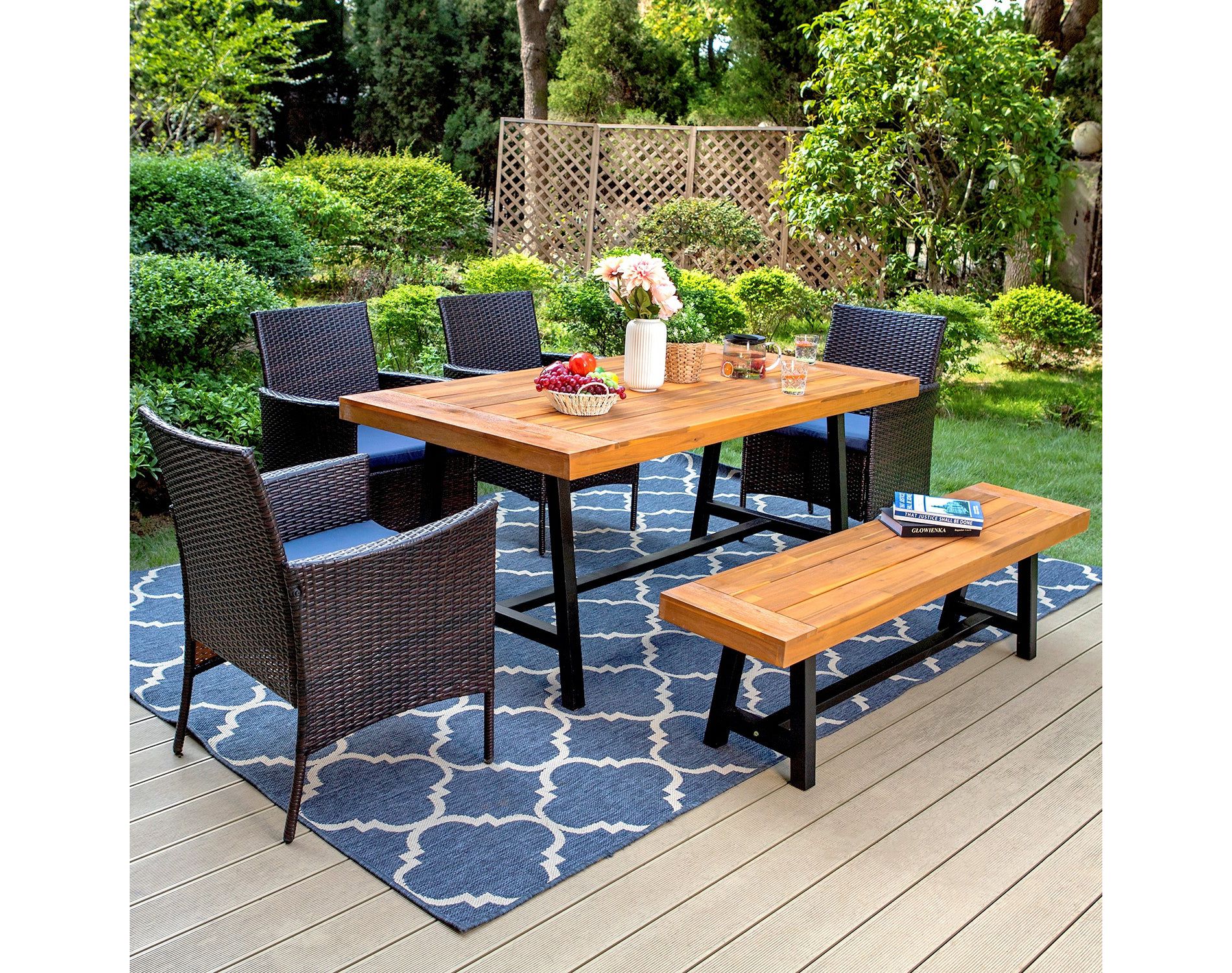 Captiva Designs 6Pc Patio Dining Oil Finished Tabletop Acacia Wood Table & Rattan Chairs & Backless Acacia Wood Bench