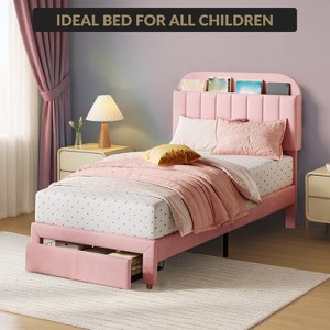 Bed Frame Velvet Upholstered Platform Bed with Bookcase Headboard for Kids Girls Heavy Duty Steel Support Legs Easy Assembly Noise Free - 1 of 4