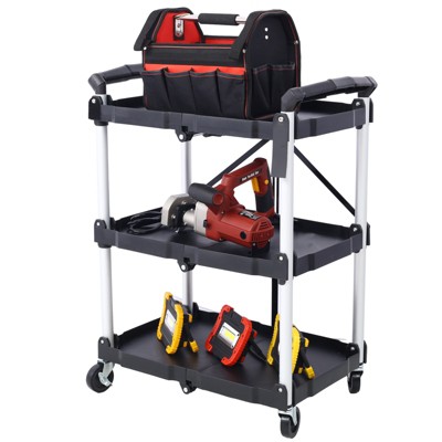 VYNXARIA 3 Layers Folding Collapsible Service Cart Pack-N-Roll Folding Collapsible Service Cart, Black, 50 Lb. Load Capacity per Shelf
