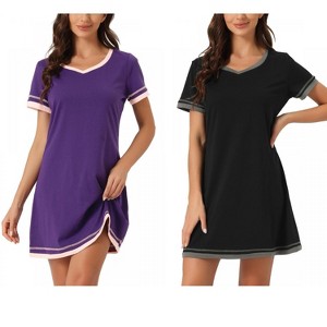 INSPIRE CHIC Women's 2 Pcs Short-Sleeve Nightshirt Color-Block V-Neck Sleepdress Set - 1 of 4