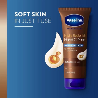 Vaseline Intensive Care Hydra Replenish Hand Crème, 3.4 fl oz, with Hyaluronic Acid, Vitamin B3, and Cocoa Butter. Text reads: "Soft skin in just 1 use."