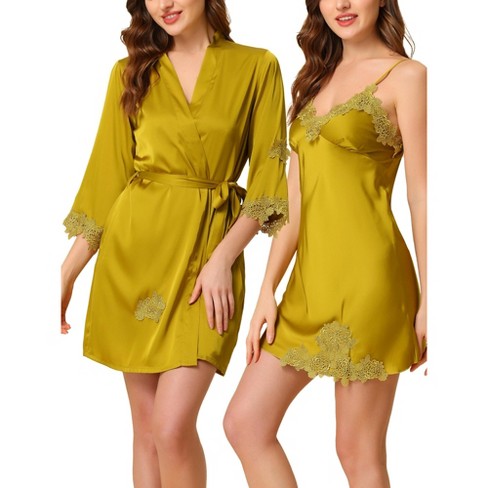 Cheibear Womens Satin 2pcs Pajama Silk Nightgown Lounge Nightdress With Robe  Sets Yellow Large : Target