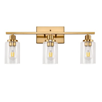 DORESshop 24 in. 3-Light Industrial Gold Vanity Light Fixtures for Bathroom with Clear Glass Shades