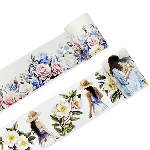 Wrapables Aesthetic Floral Fashion PET Washi Tapes for Scrapbooking, Stationery, Journaling, Diary, Card Making (Set of 2), Green and Pink - 1 of 4