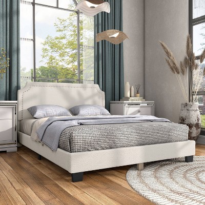 White Boucle Upholstered Queen Bed with Nailhead Trim and Wood Frame