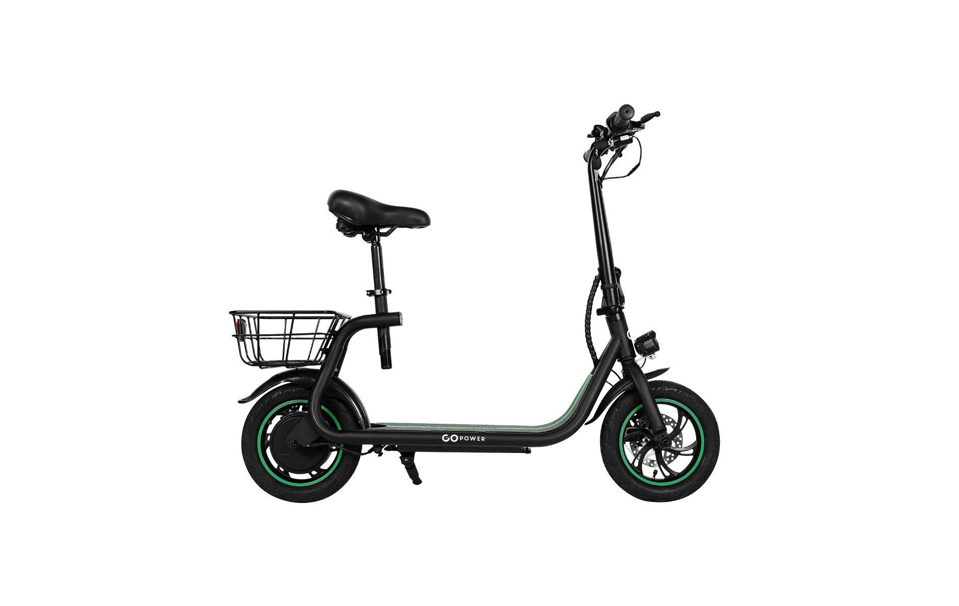 GoPowerBike GoFlow Electric Scooter with Seat | Comfortable Seat, Rear Basket, and Throttle Control | 16 mph Top Speed | 12 mile Range
