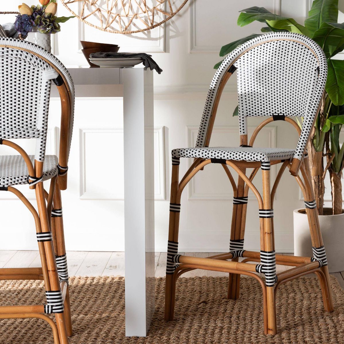bali & pari Genica Two Tone Weaving and Natural Rattan Bar Stool Black/White - thumbnail 2