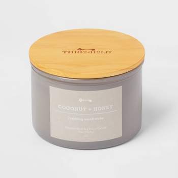 14oz Lidded Gray Glass Jar Crackling Wooden 3-Wick Candle with Paper Label Coconut and Honey  - Threshold™
