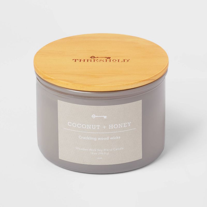 14oz Lidded Gray Glass Jar Crackling Wooden 3-Wick Candle with Paper Label Coconut and Honey&#160; - Threshold&#8482;, 1 of 5