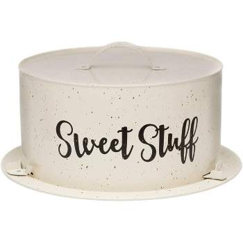 Amici Home Maddox Metal Dessert Cake Carrier, Food Storage, Speckled Cream & Painted Script Decal, Cream & Gold Speckle