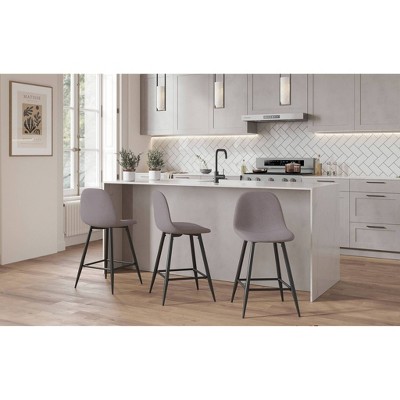 Set of 2 Black Metal Light Grey Fabric Counter Stools