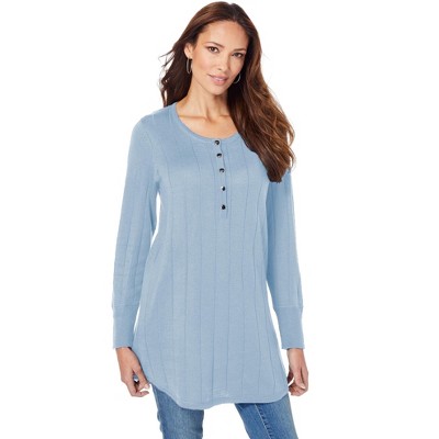 Roaman's Women's Plus Size Fine Gauge Drop Needle Henley Sweater