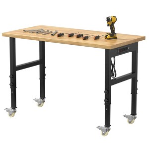 Huxxion 60" Adjustable Work Bench, Heavy Duty Rubber Wood Work Table with Power Outlet and 4 Wheels for Garage, Workshop, Office, Home - 1 of 4