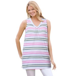 Woman Within Plus Size Perfect Printed Sleeveless Shirred V-Neck Tunic - 1 of 4