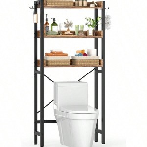 Over - Toilet Storage Rack 3 - Tier Bathroom Organizer Shelf Freestanding Space Saver Rustic Brown with 4 Hooks - 1 of 4