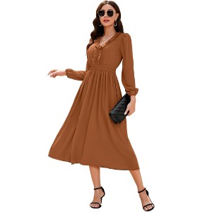 Womens Ruffle Cocktail Party Dress Long Sleeve V Neck Midi Dress Elastic Empire Waist Wedding Guest Fall Dress - 1 of 4