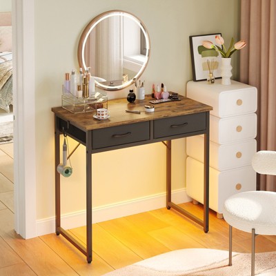 Pinmoco 32 inch Writing Desk with 2 Fabric Drawers& RGB LED Light, Small Computer Desk Vanity Desk with Hanging Hook for Small Spaces
