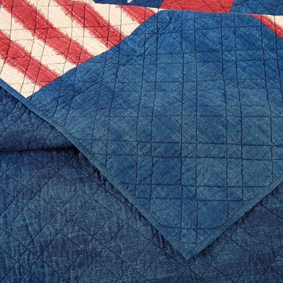 Classic Americana Patchwork King Cotton Quilt Set with Reversible Blue Denim