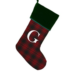 Personalization Mall Christmas Plaid Initial Christmas Stocking, Green Cuff - 1 of 2