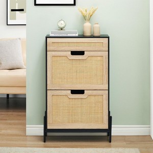 Natural Rattan Shoe Cabinet, 2 Flip Door Entrance Shoe Cabinet with a Drawer, Freestanding Entry Way Shoe Storage Cabinet - 1 of 4