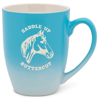 100 North Horse 10 Ounce Blue and White Two Toned Ombre, Comfortably Fits Your Hands, Ceramic Tea Coffee Cup Mug, Saddle Up Buttercup