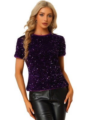 INSPIRE CHIC Women's Sequin Velvet Crew Neck Short Sleeve T-shirt