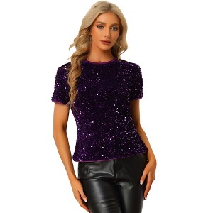 INSPIRE CHIC Women's Sequin Velvet Crew Neck Short Sleeve T-shirt - 1 of 4